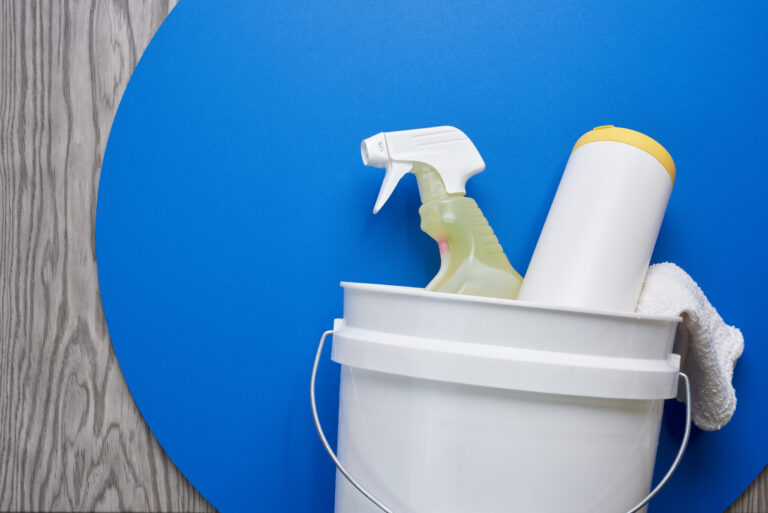 A bucket of cleaning supplies.
