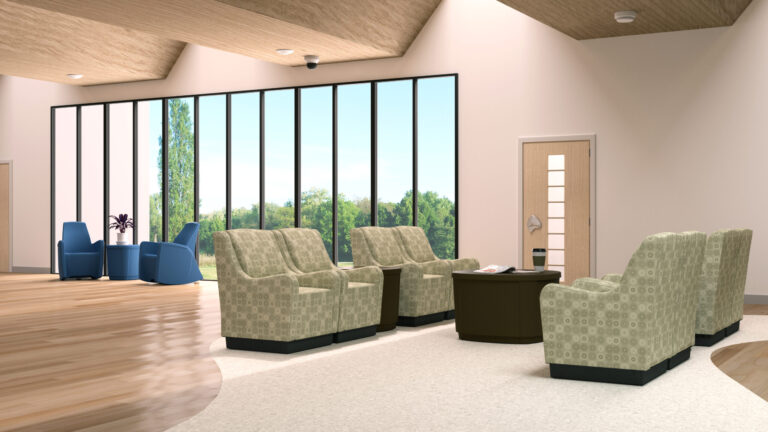 Moduform Emma chairs in a waiting room with a large window in the background.