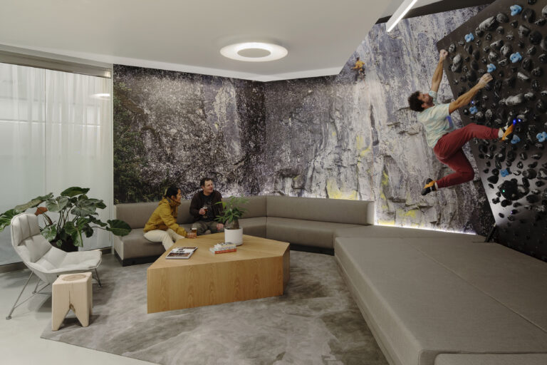 an office with a rock wall with someone climbing