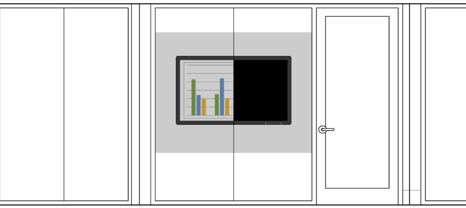 A technical drawing of a wall showing the measurements for panels and positioning of glass film on the wall.